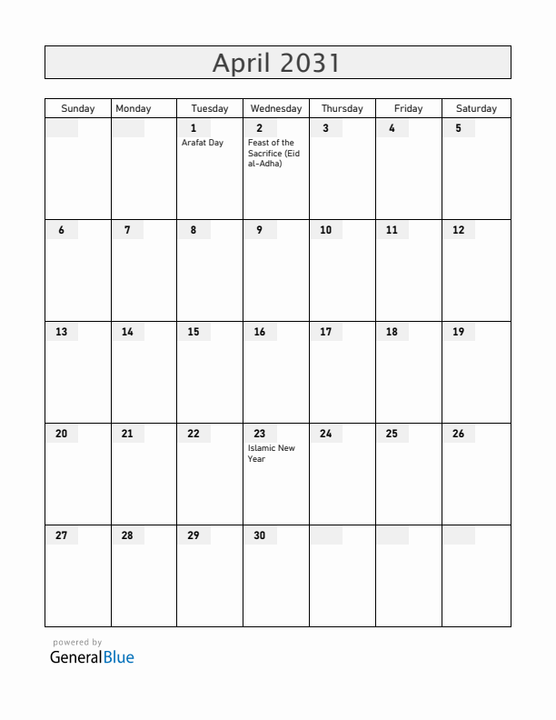 Bahrain April 2031 Calendar with Holidays