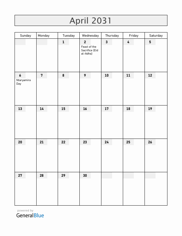 Burundi April 2031 Calendar with Holidays