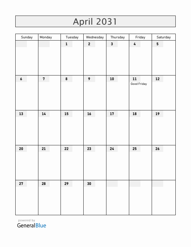 Bermuda April 2031 Calendar with Holidays