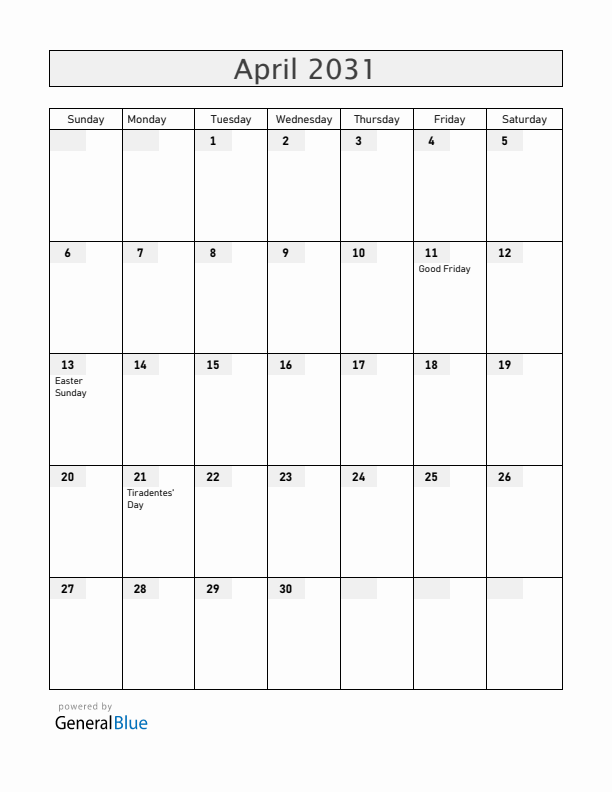 Brazil April 2031 Calendar with Holidays