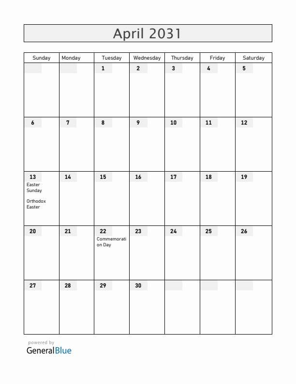 Belarus April 2031 Calendar with Holidays