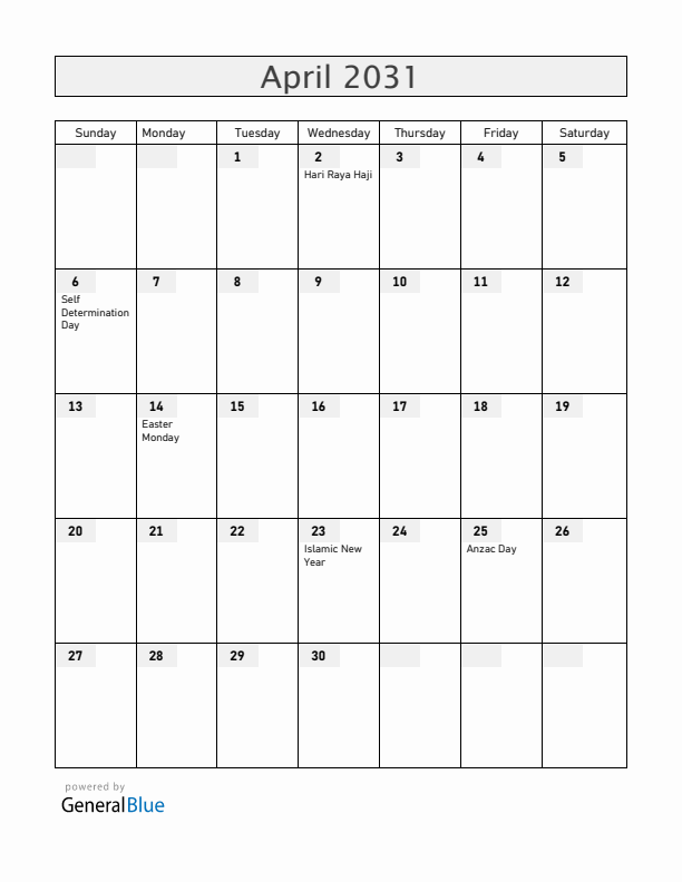Cocos Islands April 2031 Calendar with Holidays
