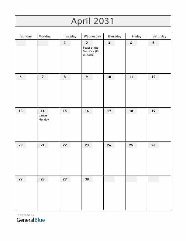 Central African Republic April 2031 Calendar with Holidays
