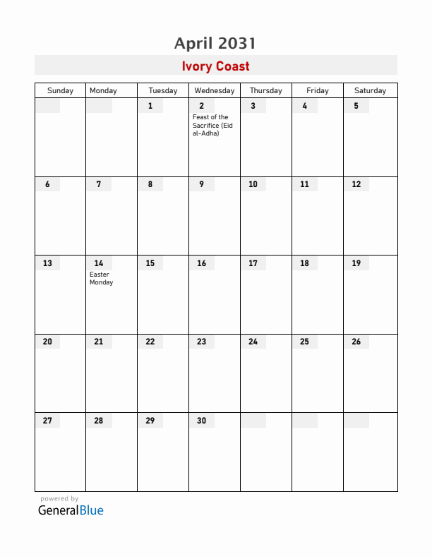 Ivory Coast April 2031 Calendar with Holidays