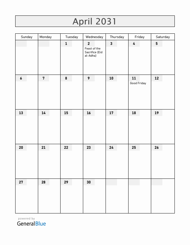 Cameroon April 2031 Calendar with Holidays