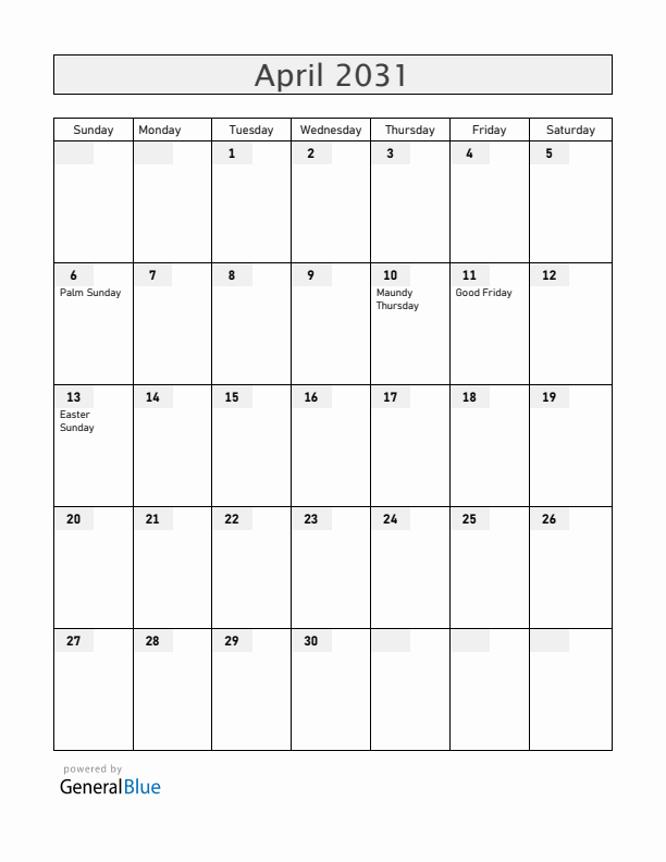 Colombia April 2031 Calendar with Holidays