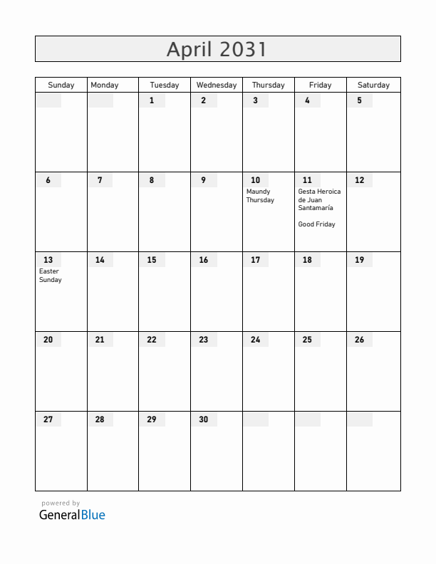 Costa Rica April 2031 Calendar with Holidays