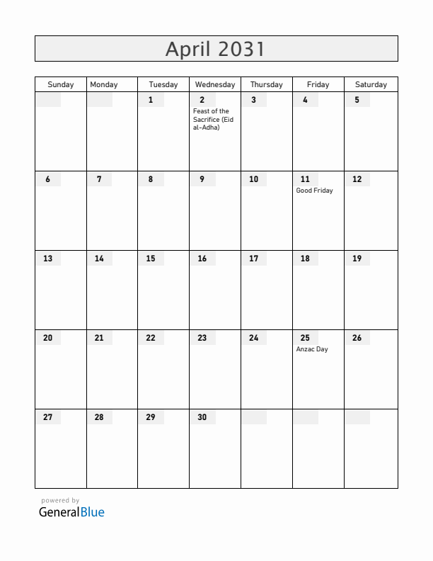 Christmas Island April 2031 Calendar with Holidays