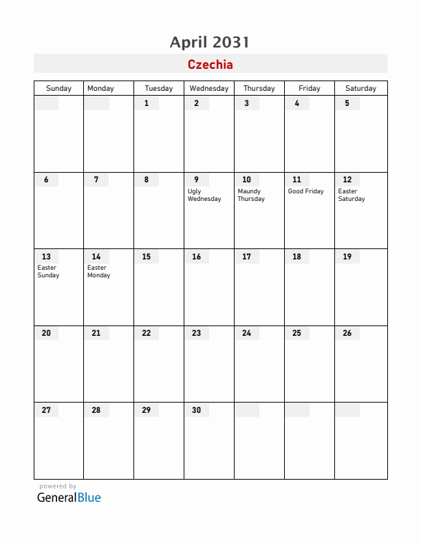 Czechia April 2031 Calendar with Holidays