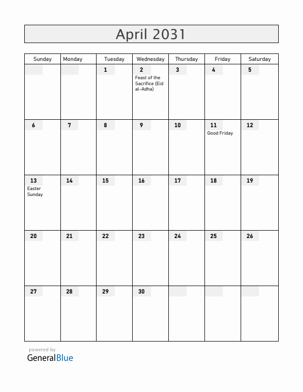 Ethiopia April 2031 Calendar with Holidays