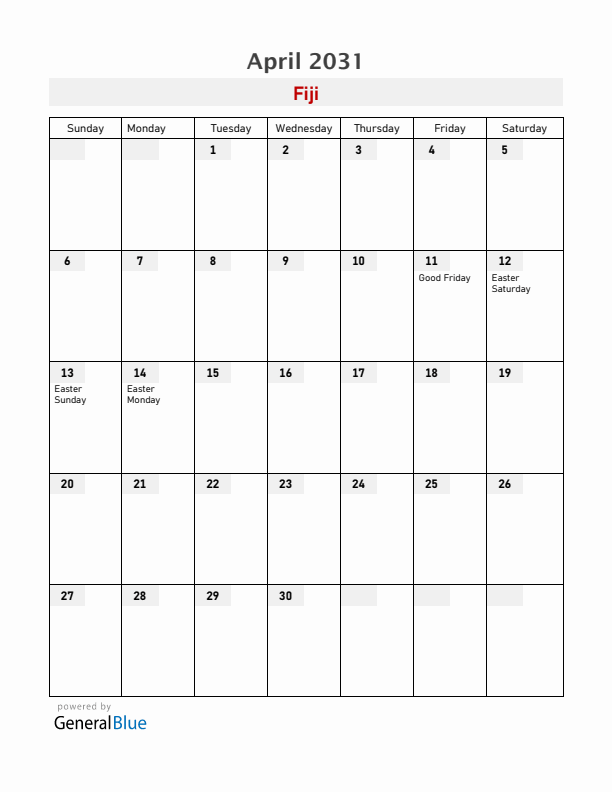 Fiji April 2031 Calendar with Holidays
