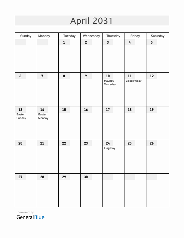 Faroe Islands April 2031 Calendar with Holidays