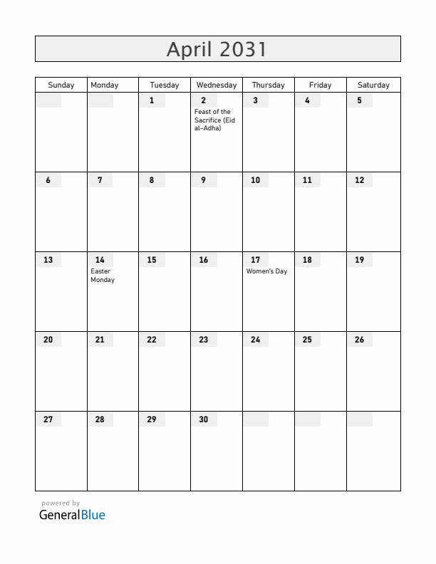 Gabon April 2031 Calendar with Holidays