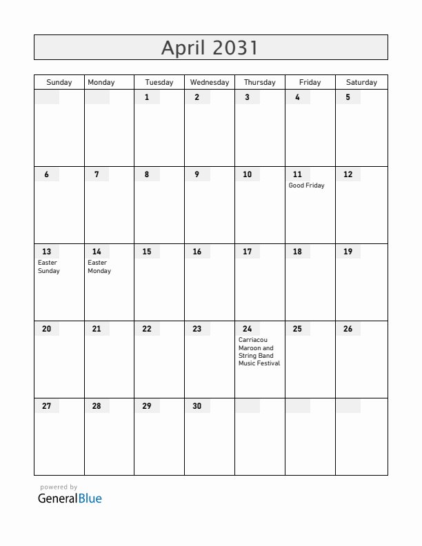 Grenada April 2031 Calendar with Holidays