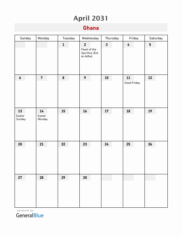 Ghana April 2031 Calendar with Holidays