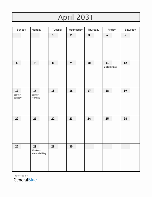Gibraltar April 2031 Calendar with Holidays