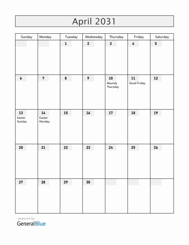 Greenland April 2031 Calendar with Holidays