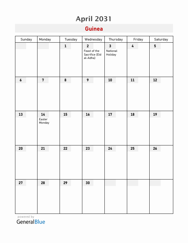 Guinea April 2031 Calendar with Holidays