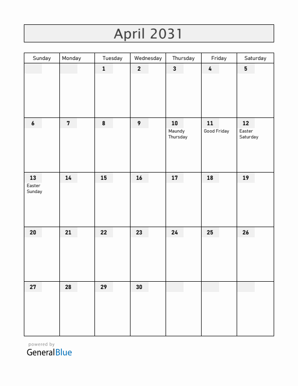 Guatemala April 2031 Calendar with Holidays