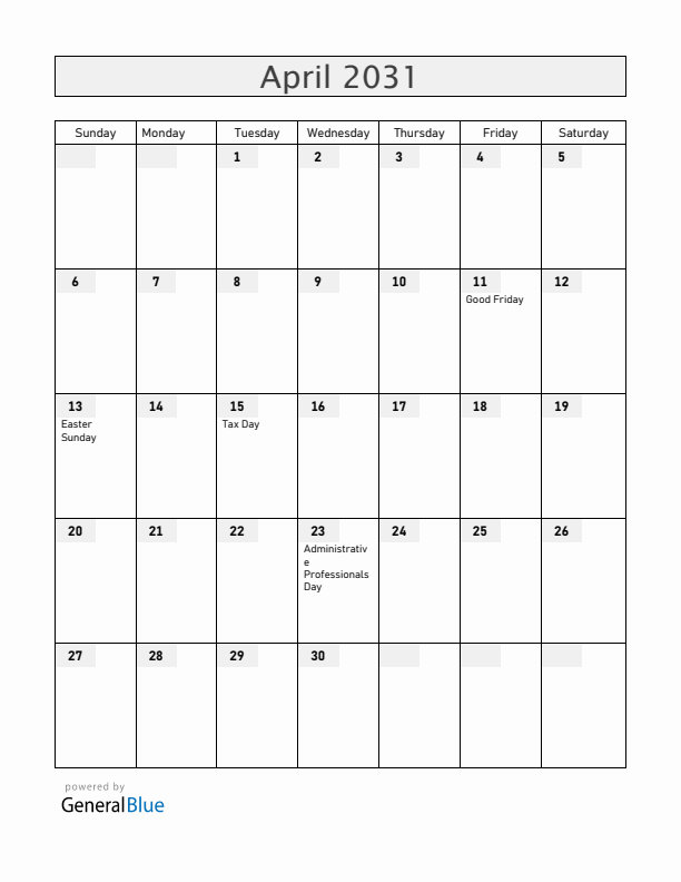 Guam April 2031 Calendar with Holidays