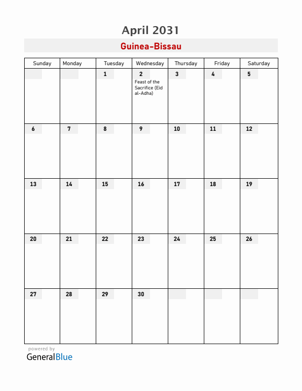Guinea-Bissau April 2031 Calendar with Holidays