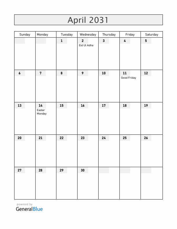 Guyana April 2031 Calendar with Holidays