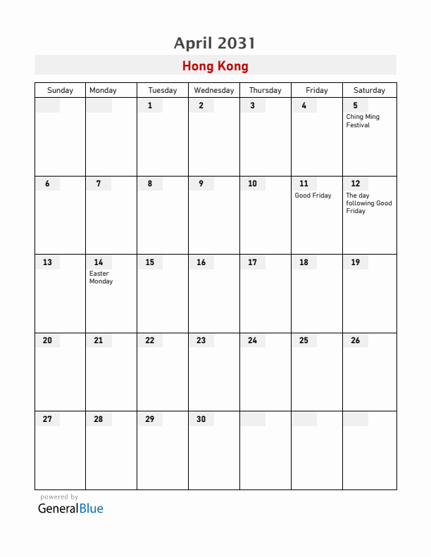 Hong Kong April 2031 Calendar with Holidays