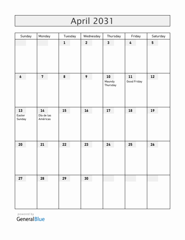 Honduras April 2031 Calendar with Holidays
