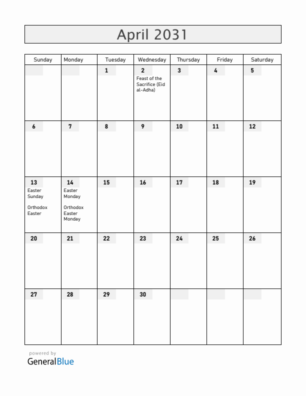 Croatia April 2031 Calendar with Holidays