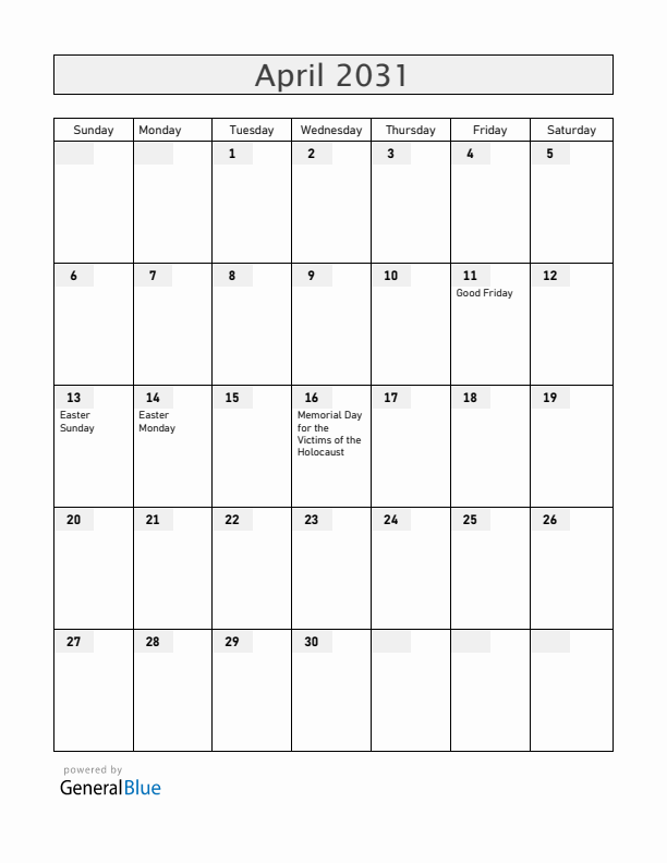 Hungary April 2031 Calendar with Holidays