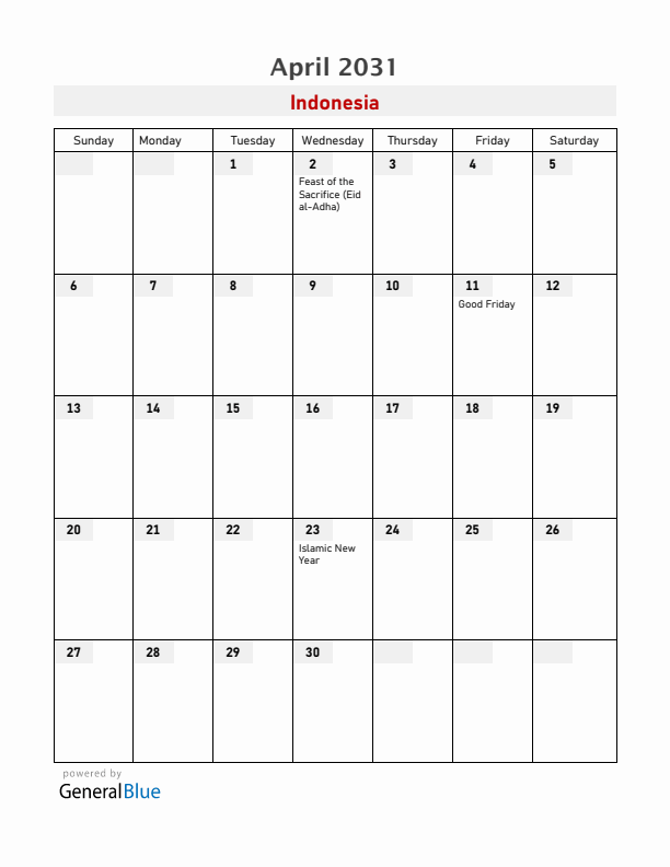 Indonesia April 2031 Calendar with Holidays