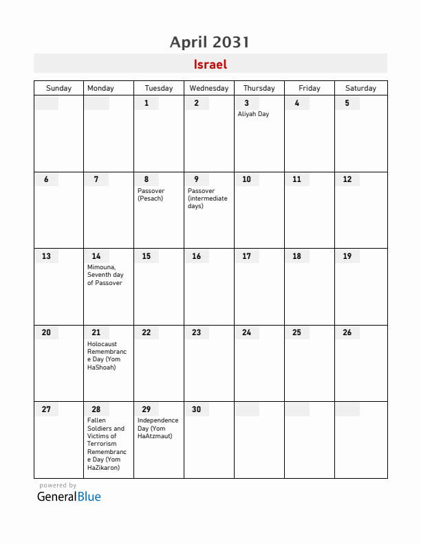 Israel April 2031 Calendar with Holidays