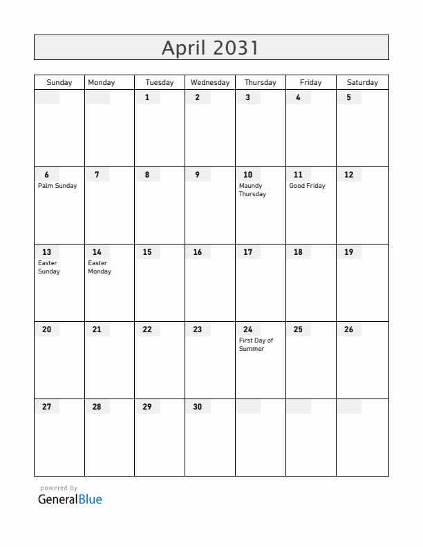 Iceland April 2031 Calendar with Holidays
