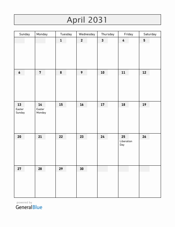 Italy April 2031 Calendar with Holidays