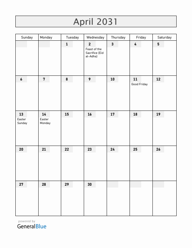 Kenya April 2031 Calendar with Holidays