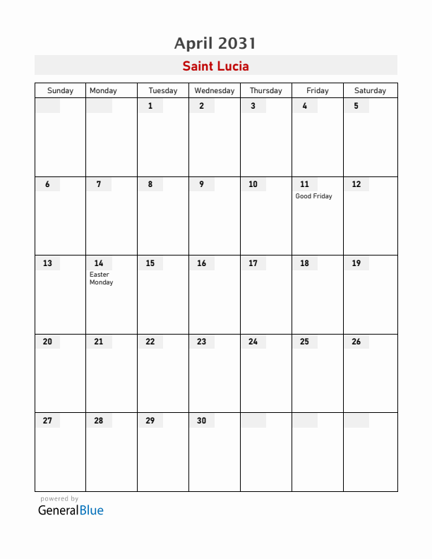 Saint Lucia April 2031 Calendar with Holidays