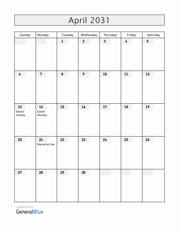 Moldova April 2031 Calendar with Holidays