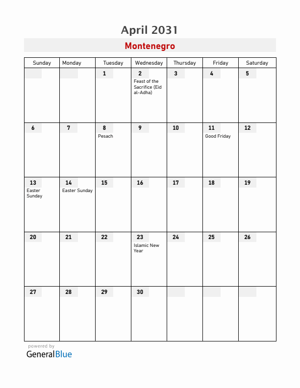 Montenegro April 2031 Calendar with Holidays