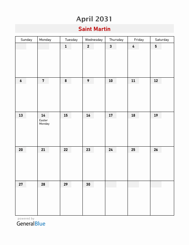 Saint Martin April 2031 Calendar with Holidays