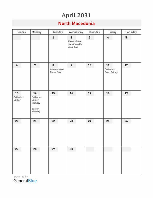 North Macedonia April 2031 Calendar with Holidays
