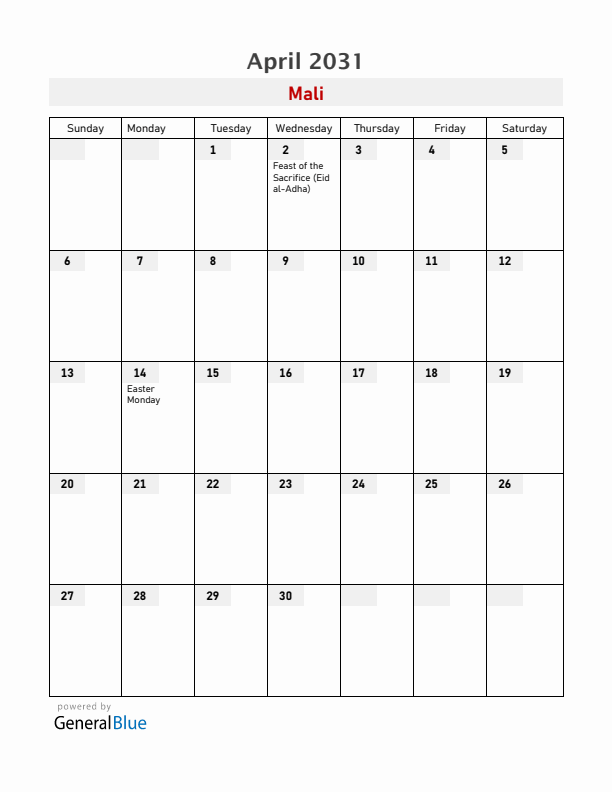 Mali April 2031 Calendar with Holidays