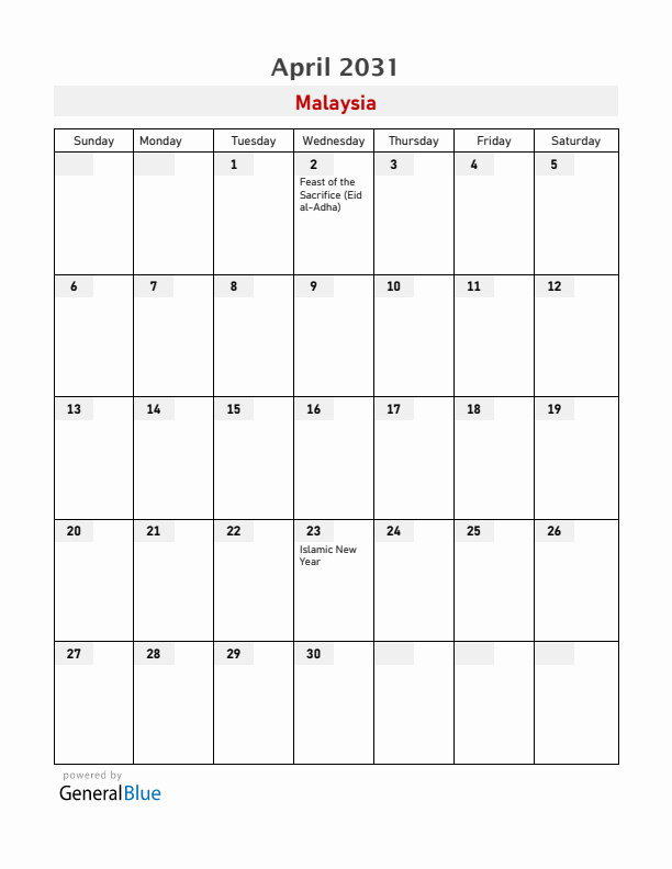 Malaysia April 2031 Calendar with Holidays