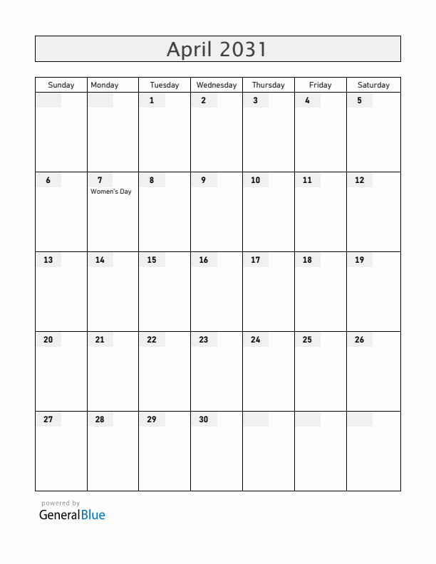 Mozambique April 2031 Calendar with Holidays