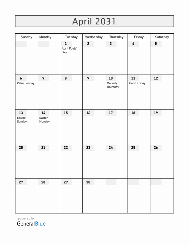 Norway April 2031 Calendar with Holidays