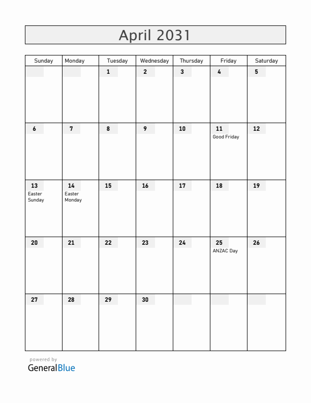 New Zealand April 2031 Calendar with Holidays