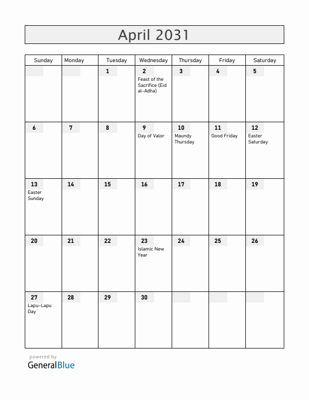 Philippines April 2031 Calendar with Holidays