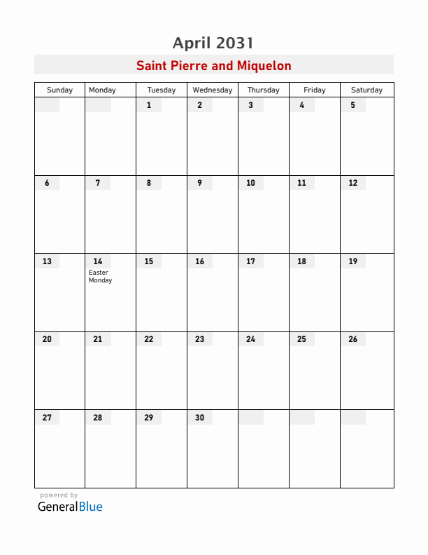 Saint Pierre and Miquelon April 2031 Calendar with Holidays