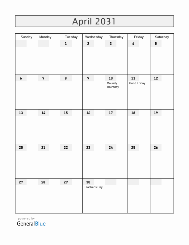 Paraguay April 2031 Calendar with Holidays