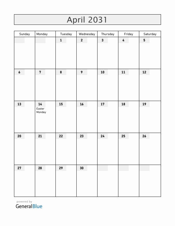 Reunion April 2031 Calendar with Holidays