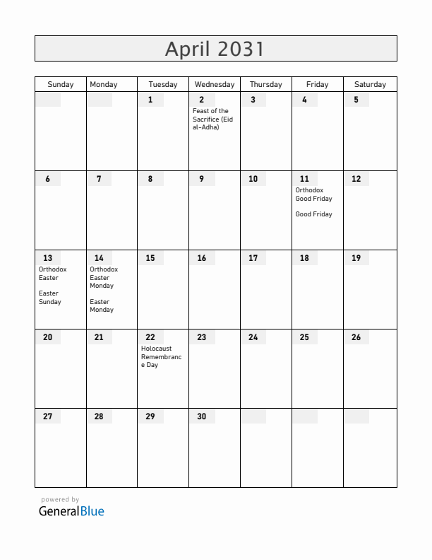 Serbia April 2031 Calendar with Holidays